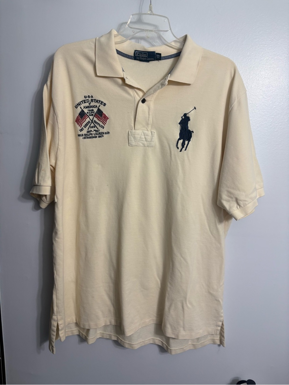 Y2K Ralph Lauren Men's Cream Big Pony Flag Embroidery big tall 2XLT polo shirt